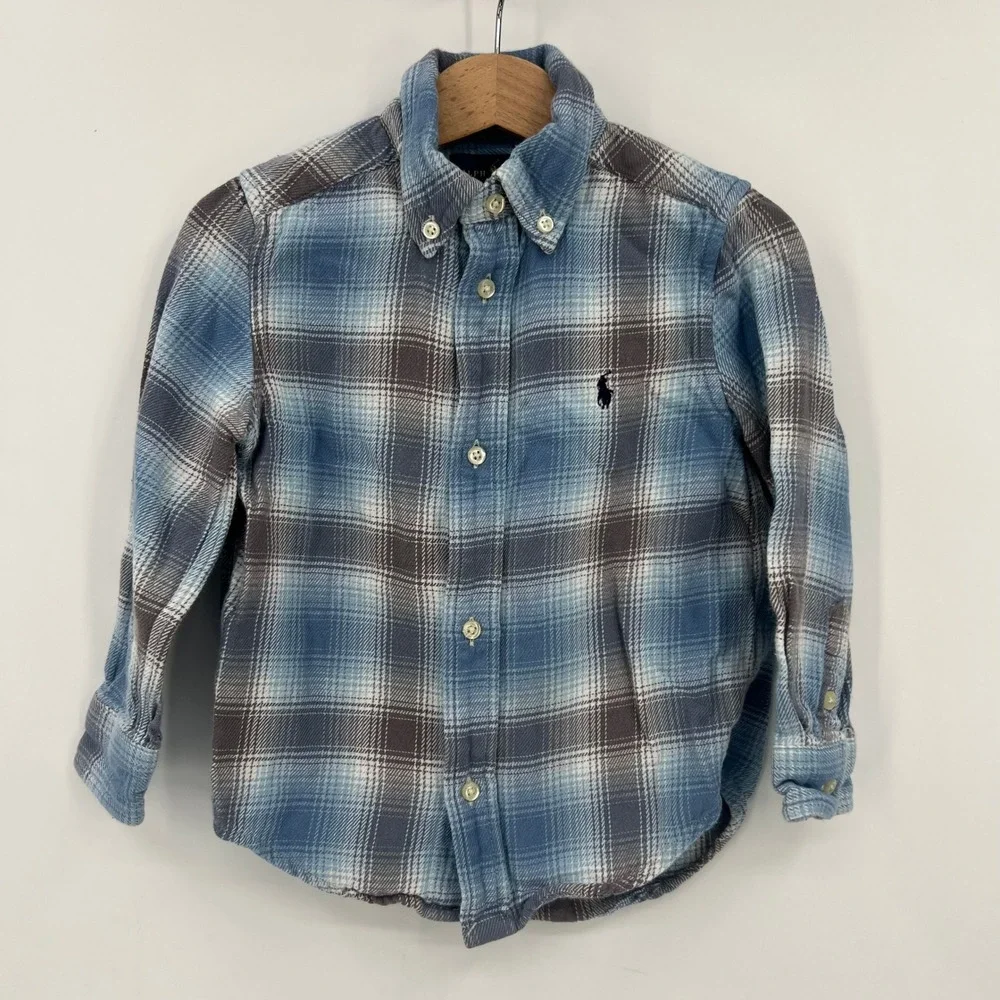 Polo Ralph Lauren Boys 3T Blue Plaid Button Down Shirt Pony Logo Preppy